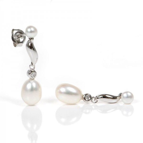 Freshwater Pearl and Diamond S shape drop earrings.