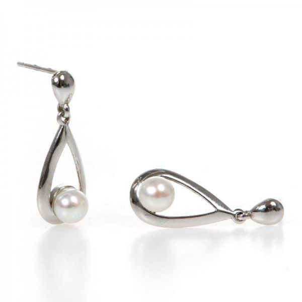White gold looped drop pearl earring