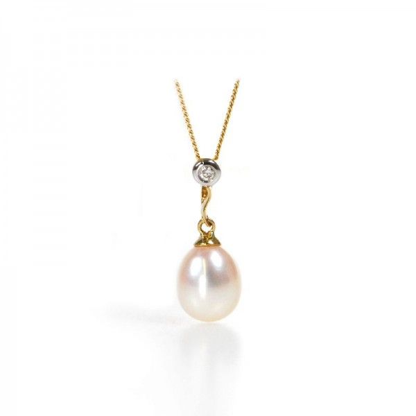 Freshwater Pearl & Diamond 'S' shape Pendant| 9 ct Yellow Gold