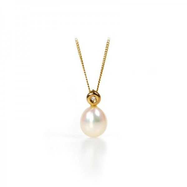 Simple Freshwater Pearl & Diamond Drop Pendant | 9 ct Yellow Gold