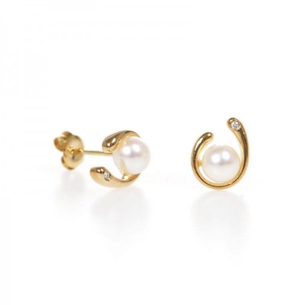 Modern yellow gold ,pearl and diamond stud earrings