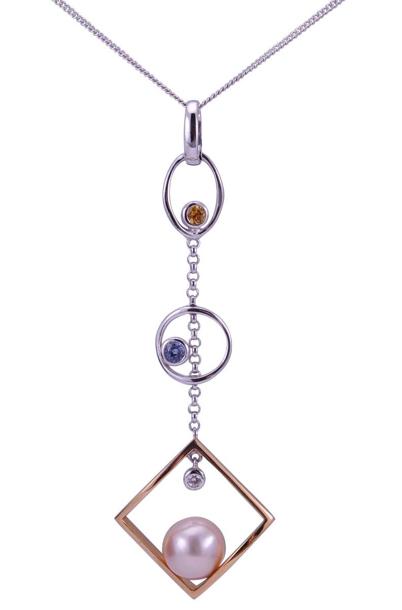 Contemporary Geometric Freshwater Pearl, Diamond & Sapphire Pendant |18ct White & Rose Gold