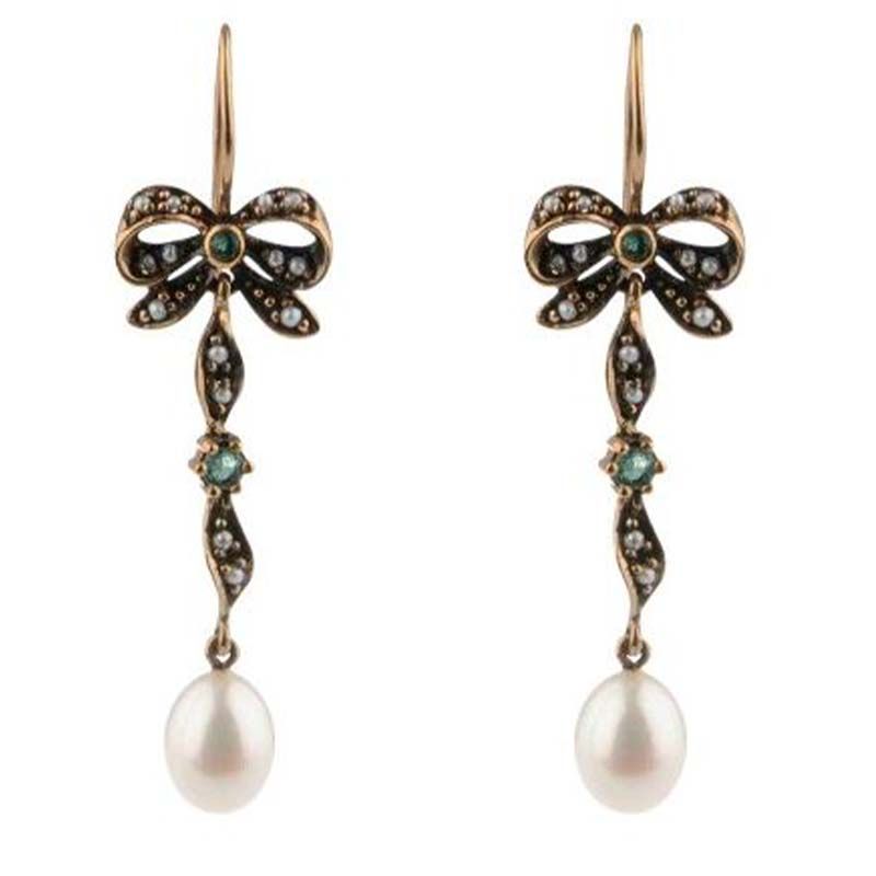 Freshwater Seed Pearl & Emerald Hook Earrings  |  9ct Yellow Gold