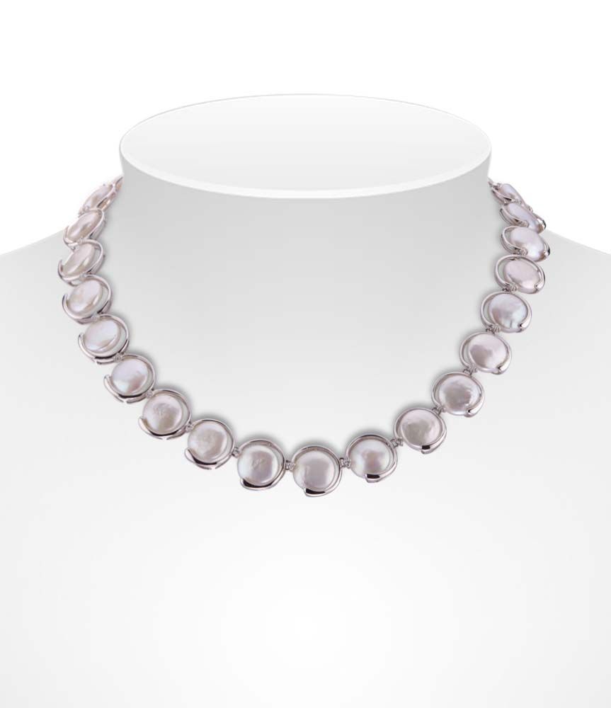 Modern design Coin pearl and diamond  necklace in 14ct 