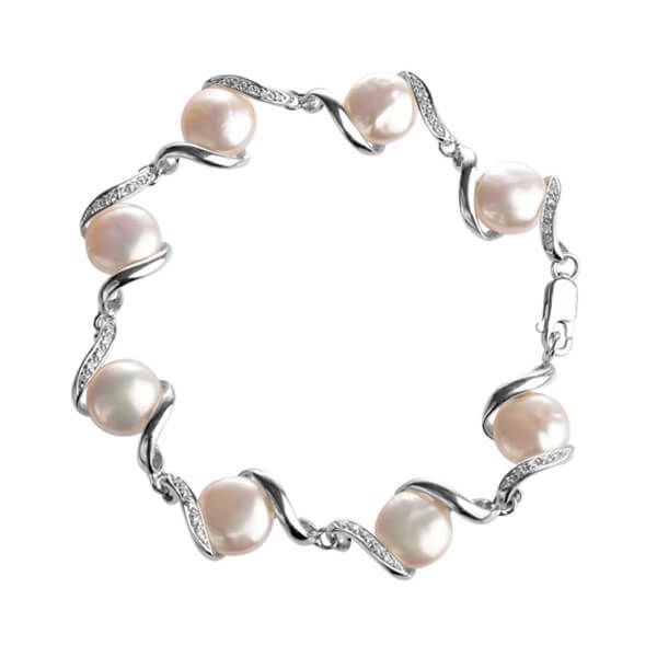 14ct White Gold Coin Pearl & Diamond Bracelet 