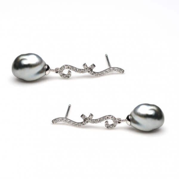 Tahitian Keshi Pearl & Diamond Drop Earrings  |  14ct White Gold