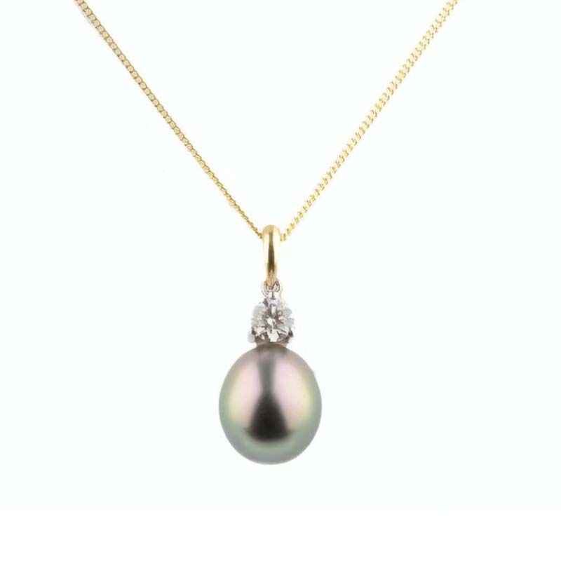 Drop Shape Tahitian Pearl & Diamond Pendant  |  18ct Yellow Gold