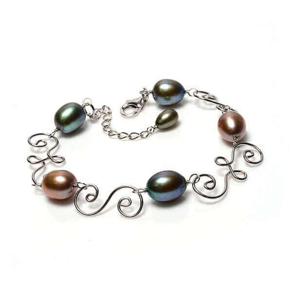 Autumn Multicoloured Freshwater Cultured Pearl Swirl Bracelet | Silver