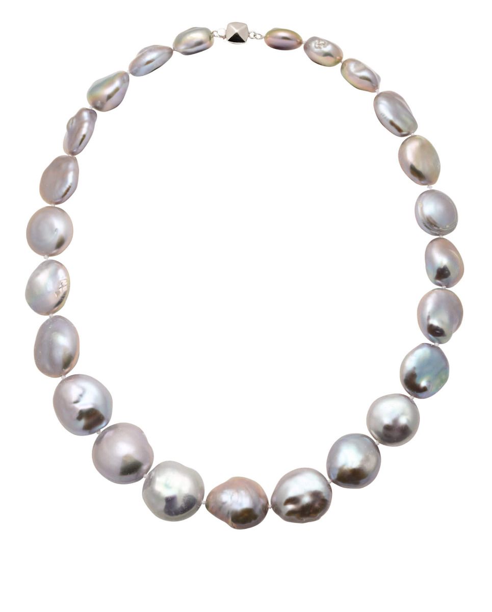 Grey Freshwater Baroque Coin Pearl Necklace, 15 to 19mm, threaded knotted onto a sterling silver box clasp.
