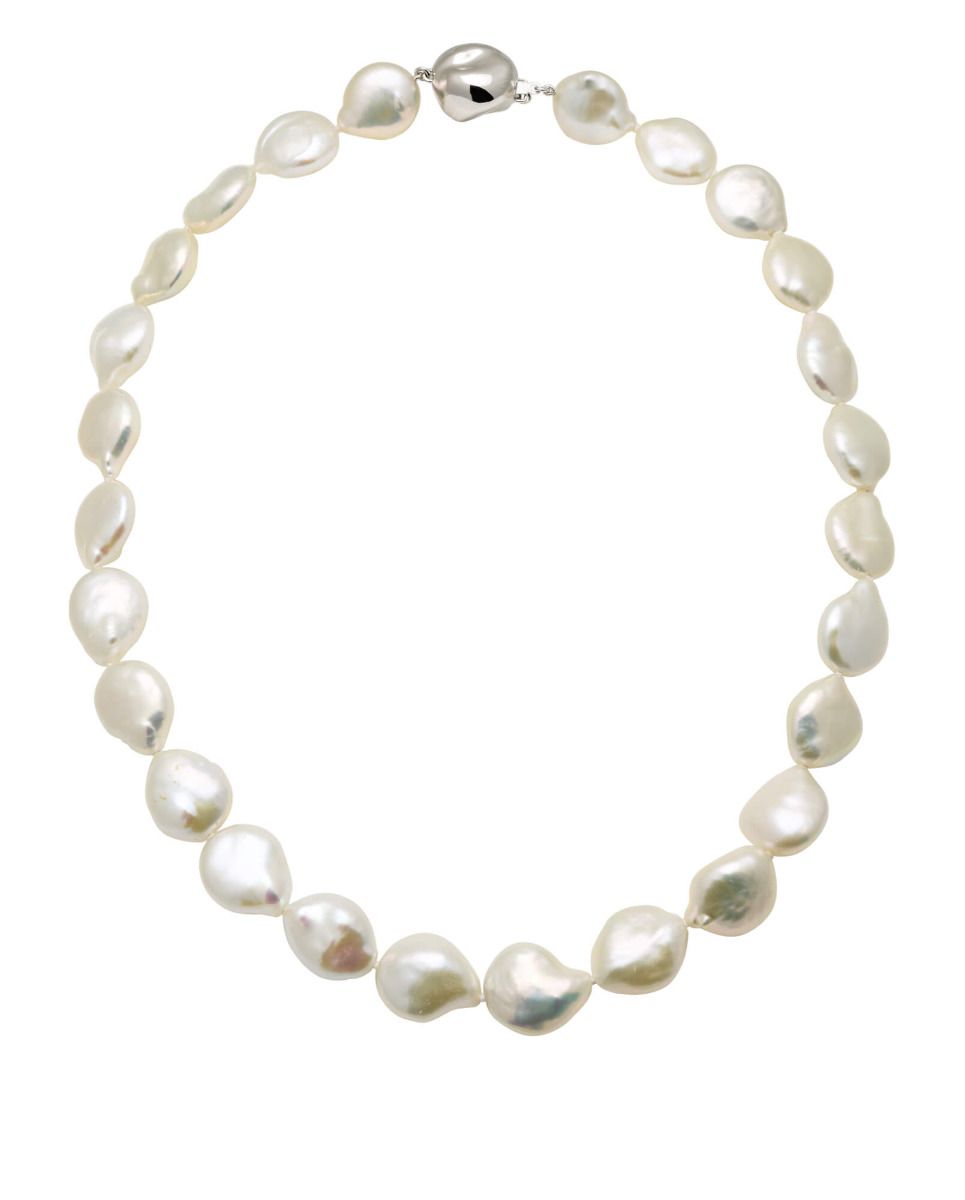 Baroque Coin White Freshwater Cultured pearl necklace, on baroque sterling silver clasp.
