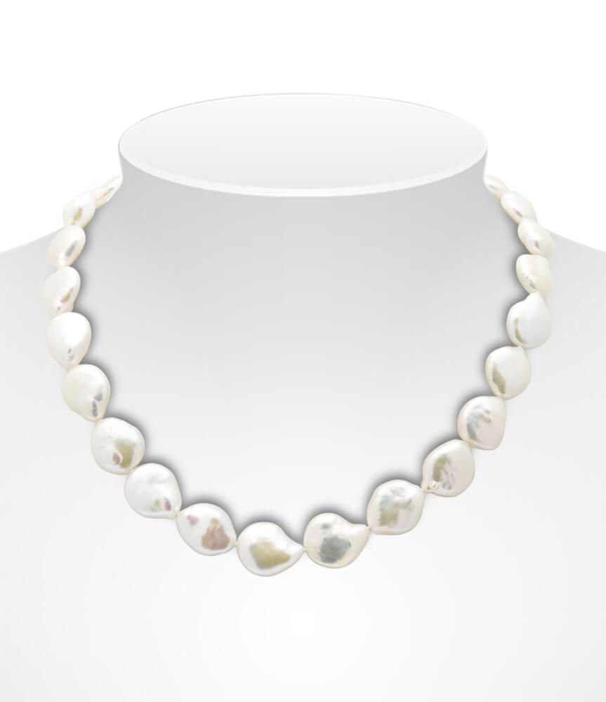 Baroque Coin White Freshwater Cultured pearl necklace, on baroque sterling silver clasp.