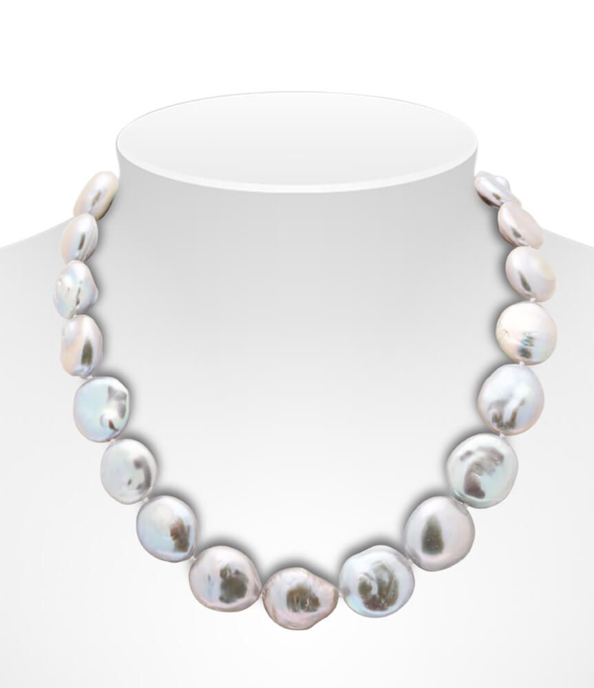 Grey Freshwater Baroque Coin Pearl Necklace, 15 to 19mm, threaded knotted onto a sterling silver box clasp.