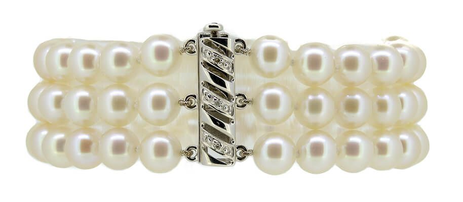 Three Row Freshwater Pearl  Bracelet On 18ct White Gold & Diamond Clasp
