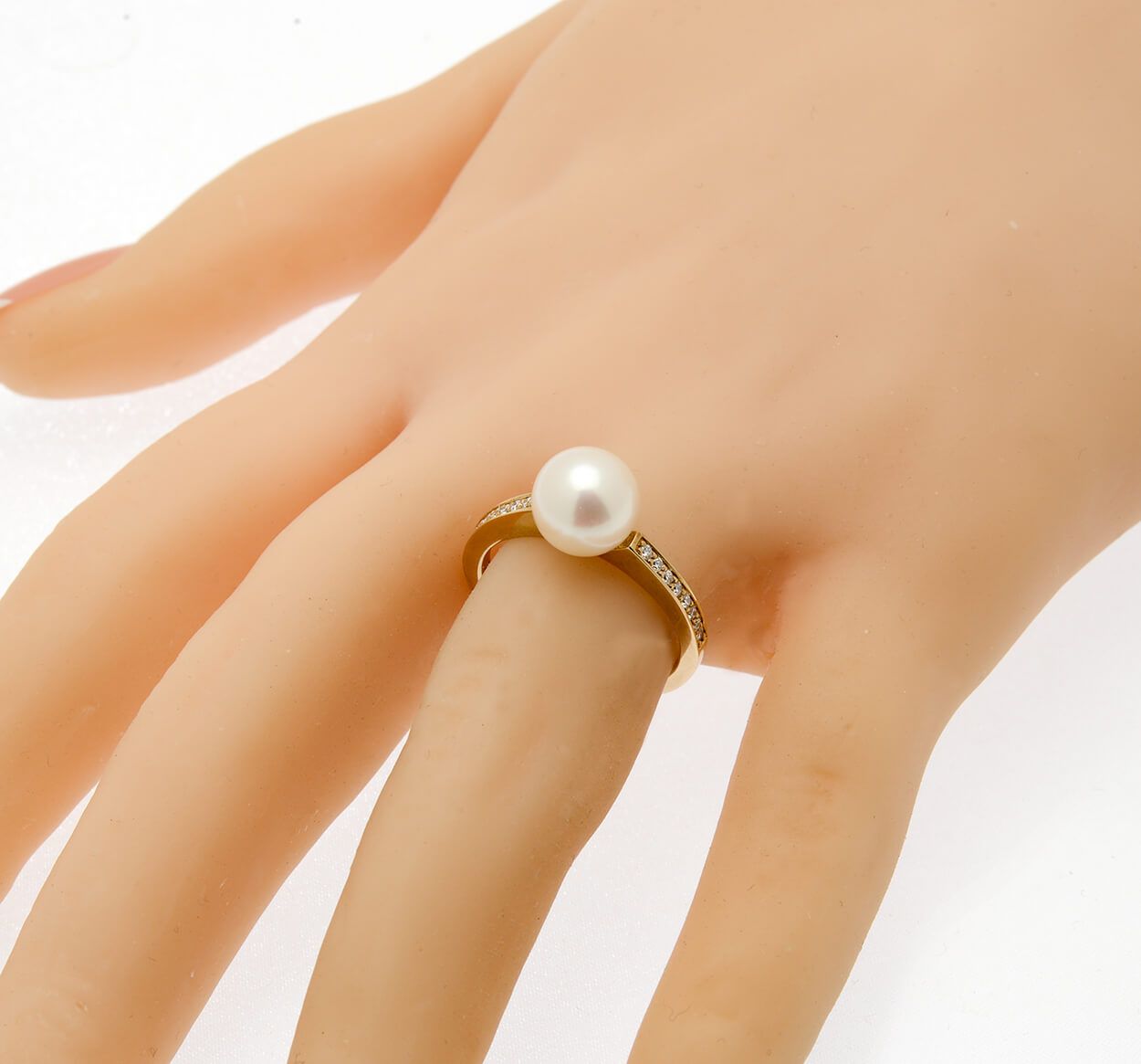 9ct Yellow Gold Freshwater Pearl And Diamond Contemporary Ring On Hand