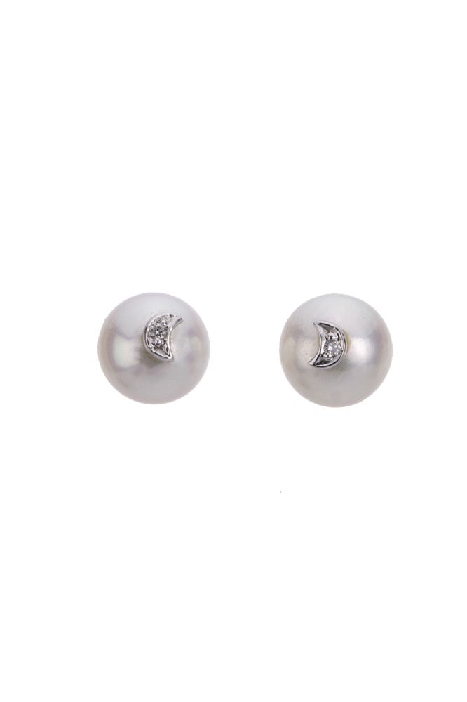 Akoya Pearl & Diamond Crescent Stud Earrings  |  14ct White Gold