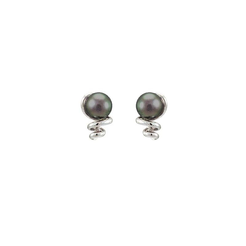 Black Akoya Pearl Spring-Like Design Stud Earrings  |  14ct White Gold