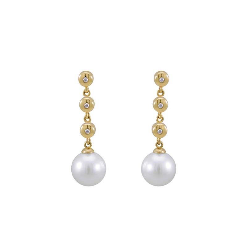Akoya Pearl & Diamond Triple Collet  Drop Earrings  |  18ct Yellow Gold