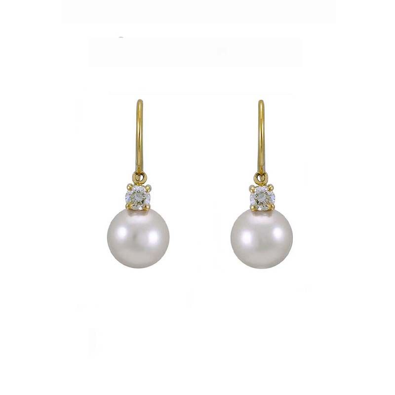 Akoya Pearl & Diamond Hook Wire Drop Earrings  |  18ct Yellow Gold