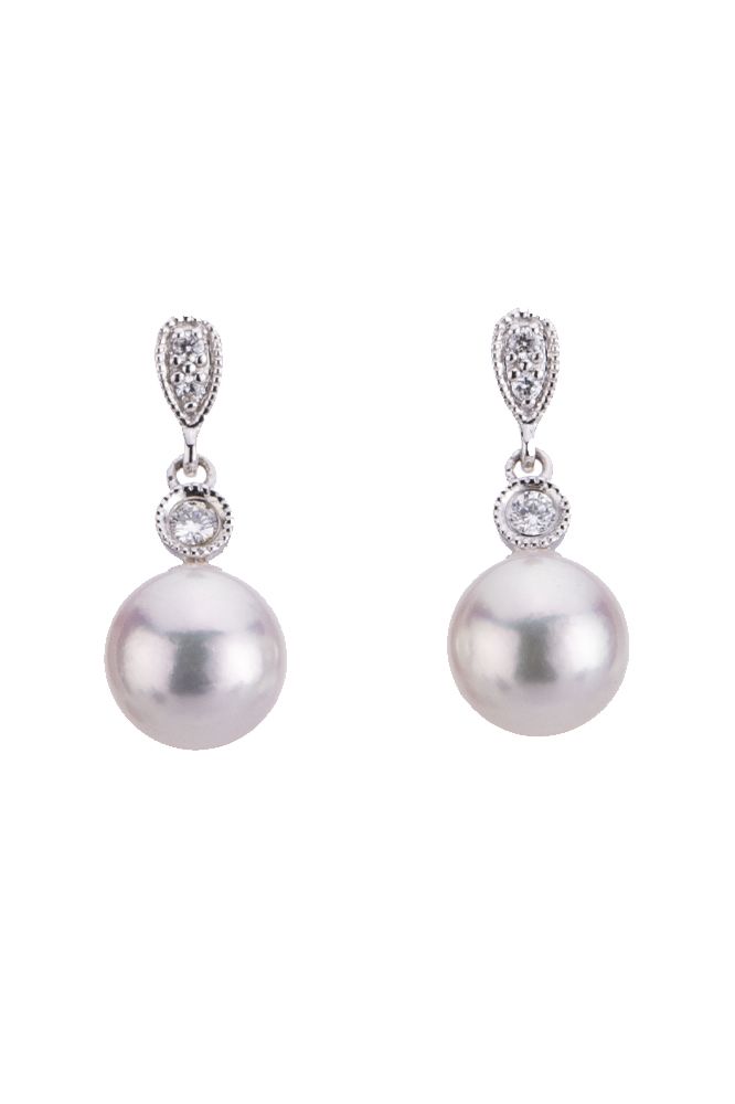 Akoya Pearl & Diamond Milgrain Drop Earrings  | 18ct white Gold 