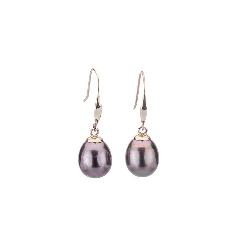 Black Freshwater Pearl Simple Hook Drop Earrings  | 9ct Yellow Gold 