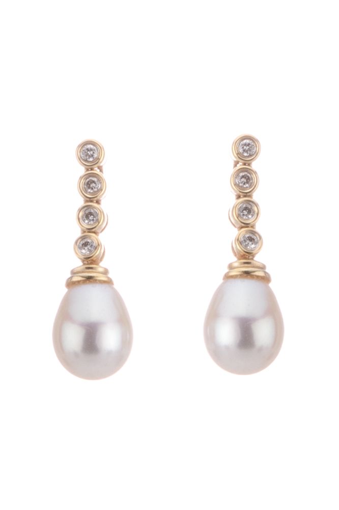 Freshwater Pearl & Diamond Drop Earrings  |  14ct Yellow Gold