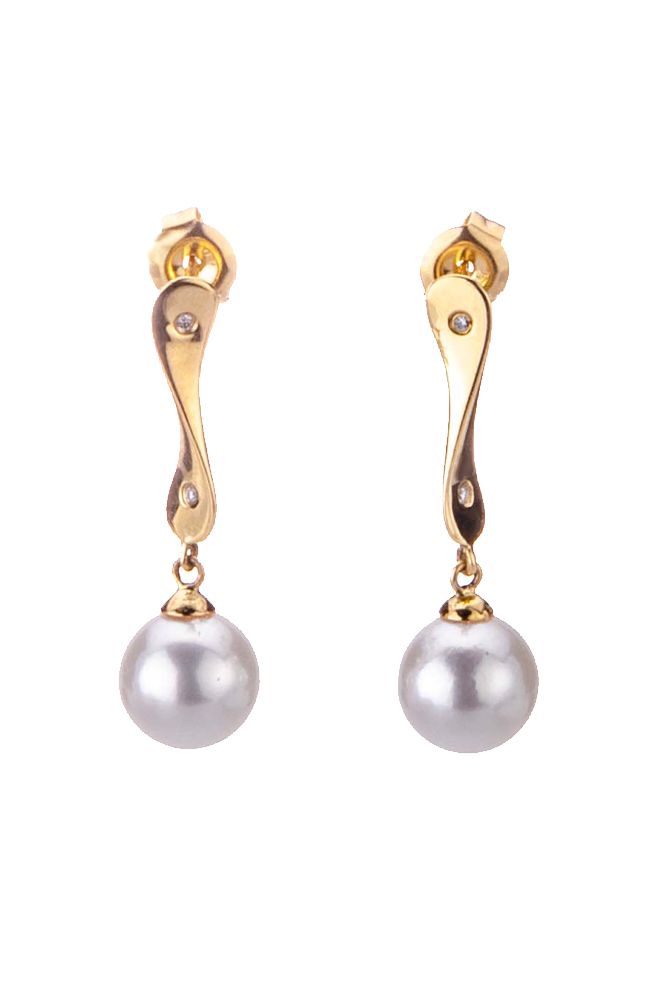 Freshwater Pearl & Diamond Drop Earrings  |  14ct Yellow Gold