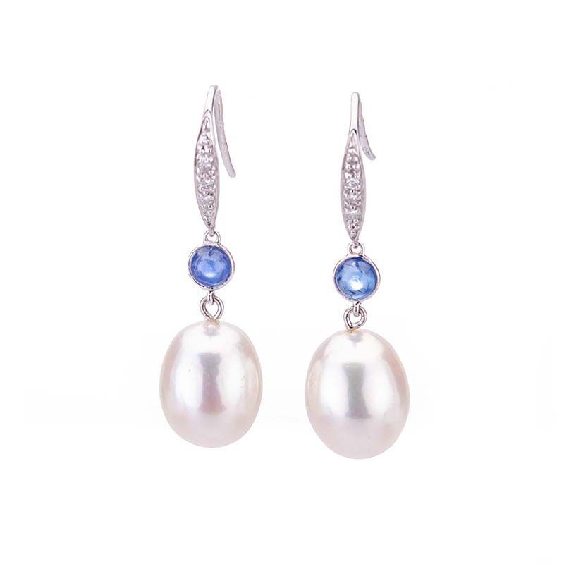 Freshwater Drop Pearl & Saphire Diamond Hook Earrings  |  18ct White Gold