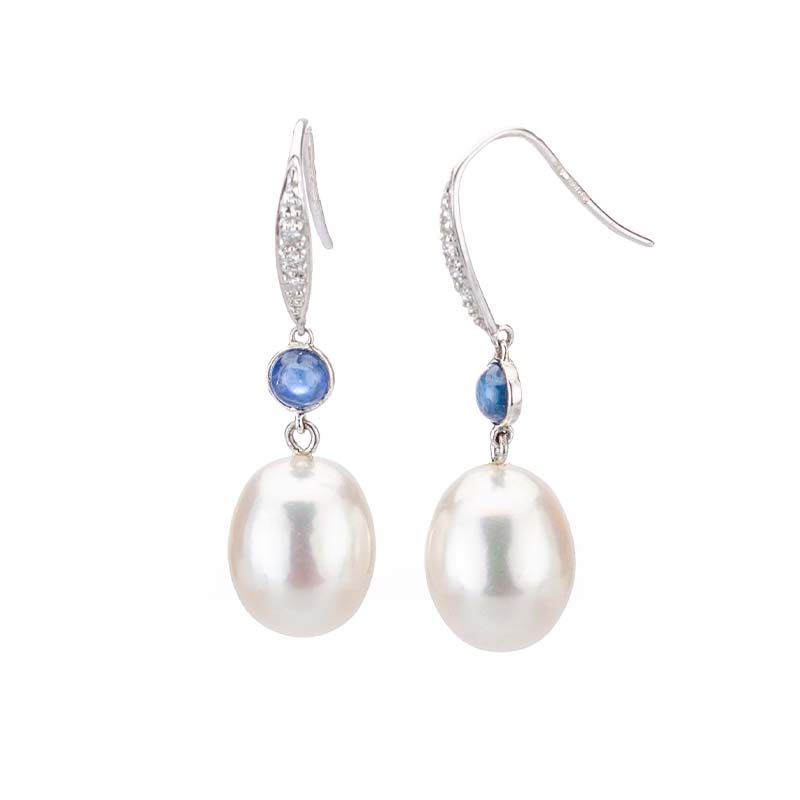 Freshwater Drop Pearl & Saphire Diamond Hook Earrings  |  18ct White Gold