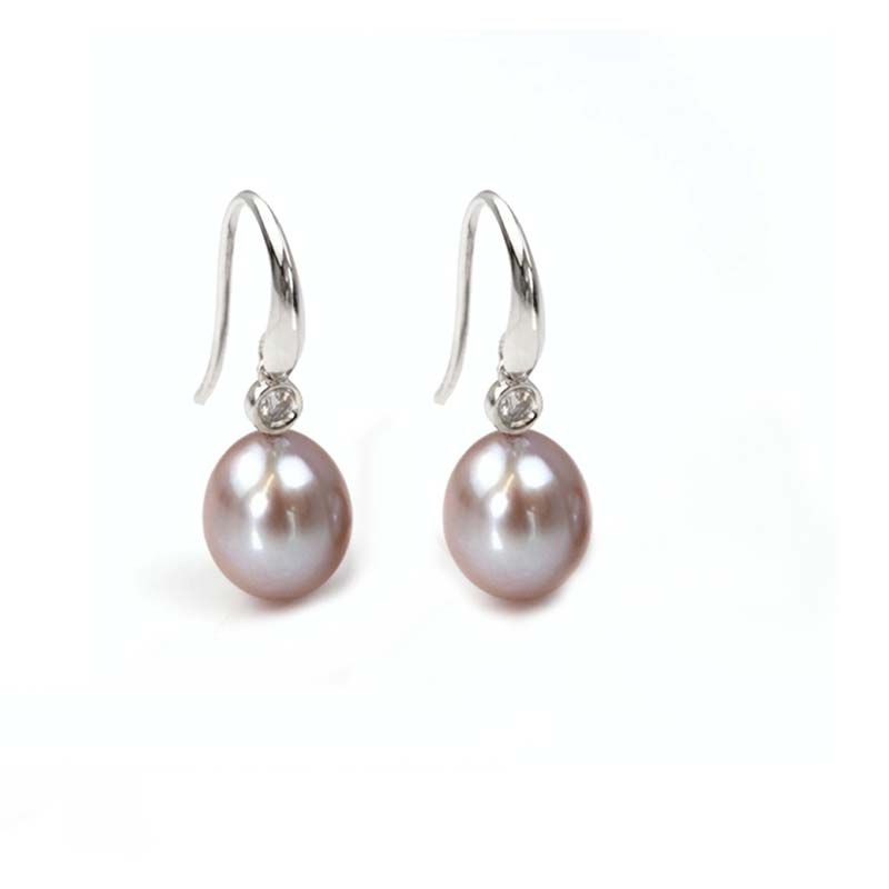 Pink Freshwater Drop Pearl & Diamond Earrings  |  9ct White Gold 