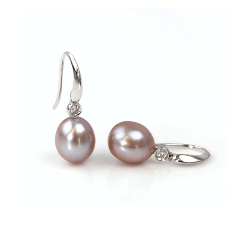 Pink Freshwater Drop Pearl & Diamond Earrings  |  9ct White Gold 