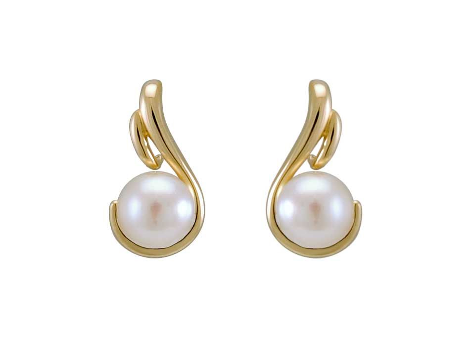 Freshwater Pearl Contemporary Scroll Design Earrings | 9ct Yellow Gold