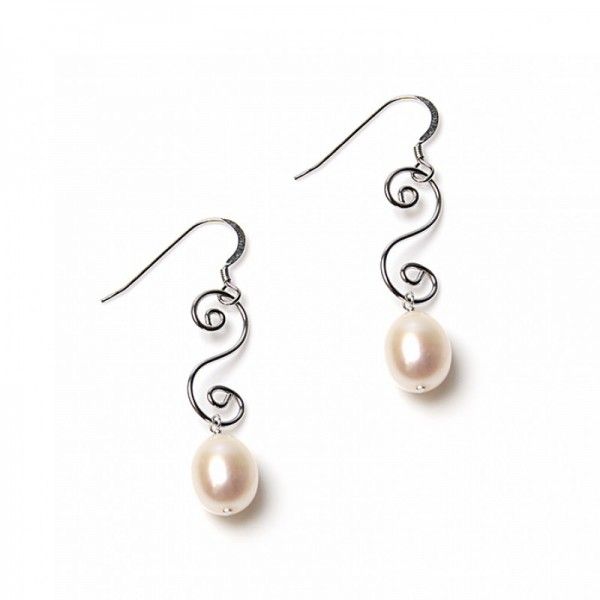 Freshwater Pearl Swirl Wirework Earrings  |  Silver