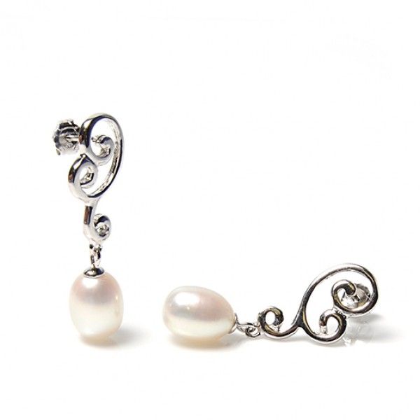  Freshwater Cultured Pearl Fancy Scrolling Design Earrings  |  Silver