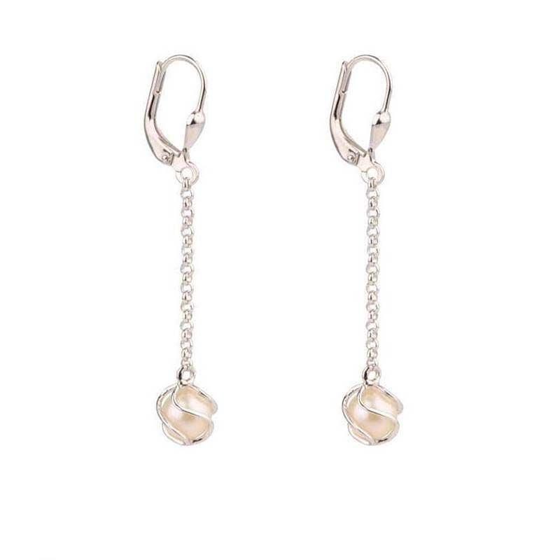 Freshwater Cultured Pearl Cage Long Drop Earrings  |  Silver 
