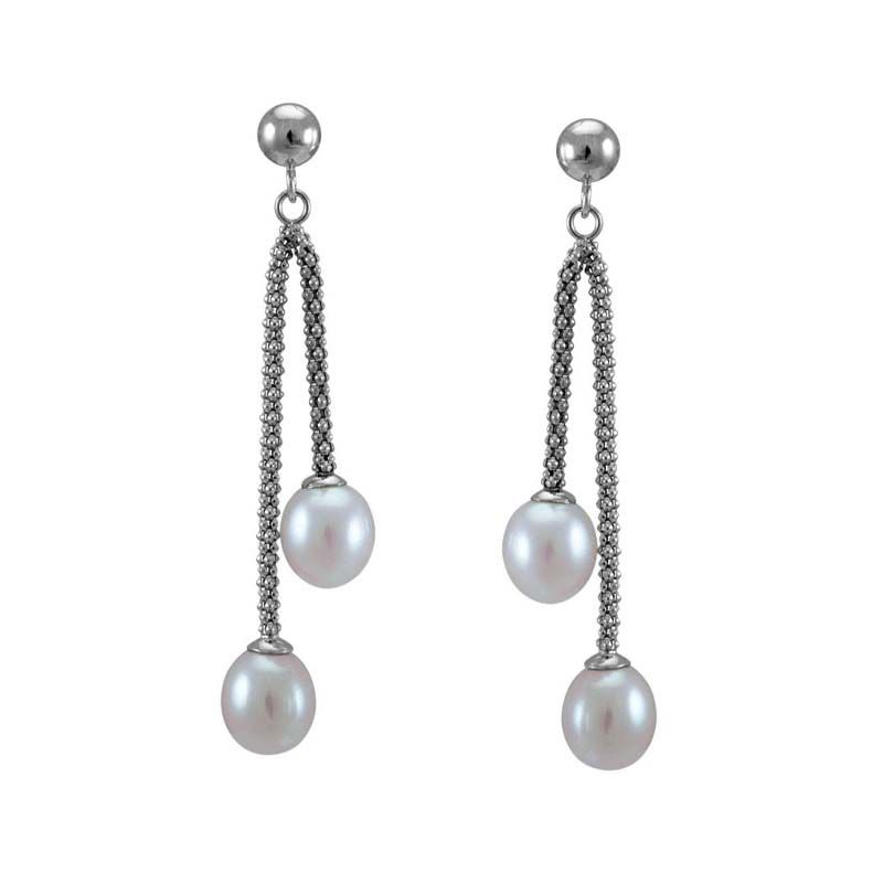 Freshwater Pearl Double Drop Chain Link Earrings  |  Silver