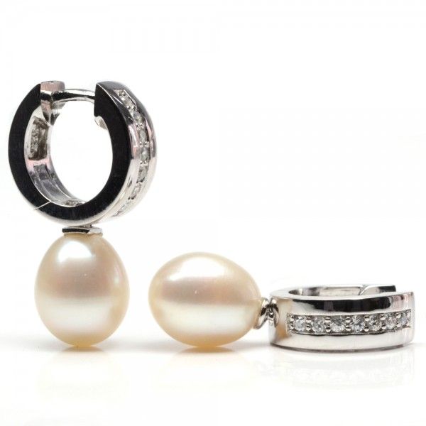 Freshwater Pearl & Cubic Zirconia Huggie Drop Earrings  |  Silver