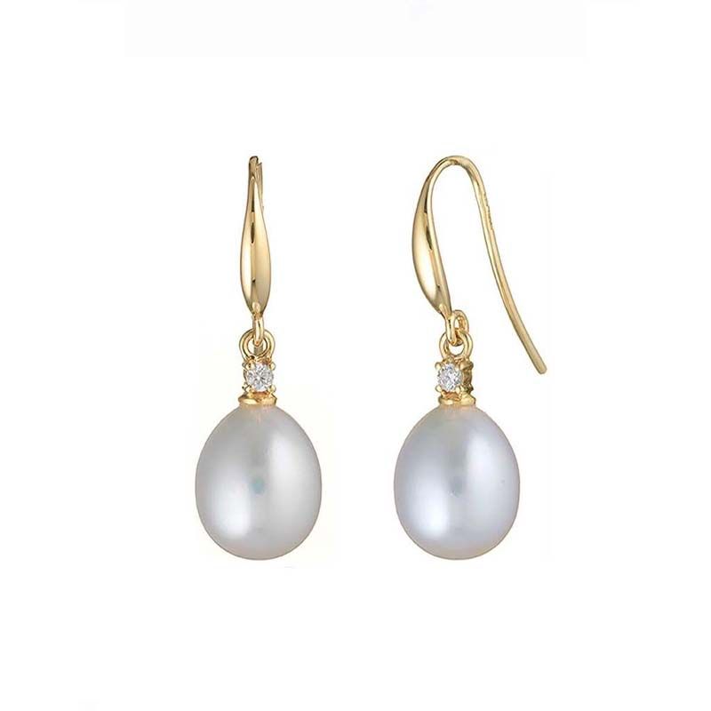 Freshwater Pearl Four Claw Diamond Hook Earrings  |  9ct Yellow Gold 