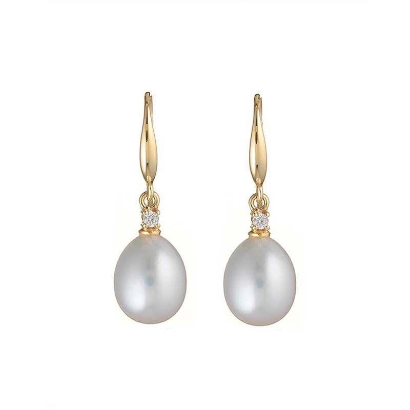 Freshwater Pearl Four Claw Diamond Hook Earrings  |  18ct Yellow Gold 