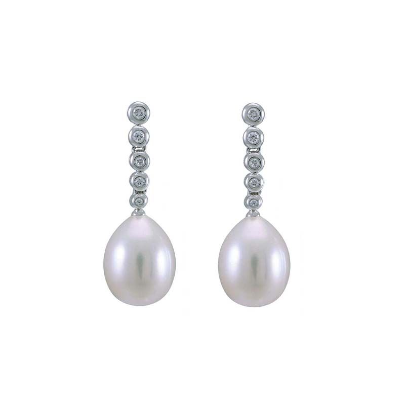 Freshwater Pearl & Diamond Line Drop Earrings  |  18ct White Gold 
