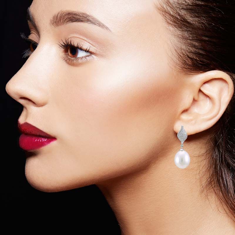 Freshwater Pearl & Diamond Contemporary Twisted Leaf Design Earrings  |  18ct White Gold