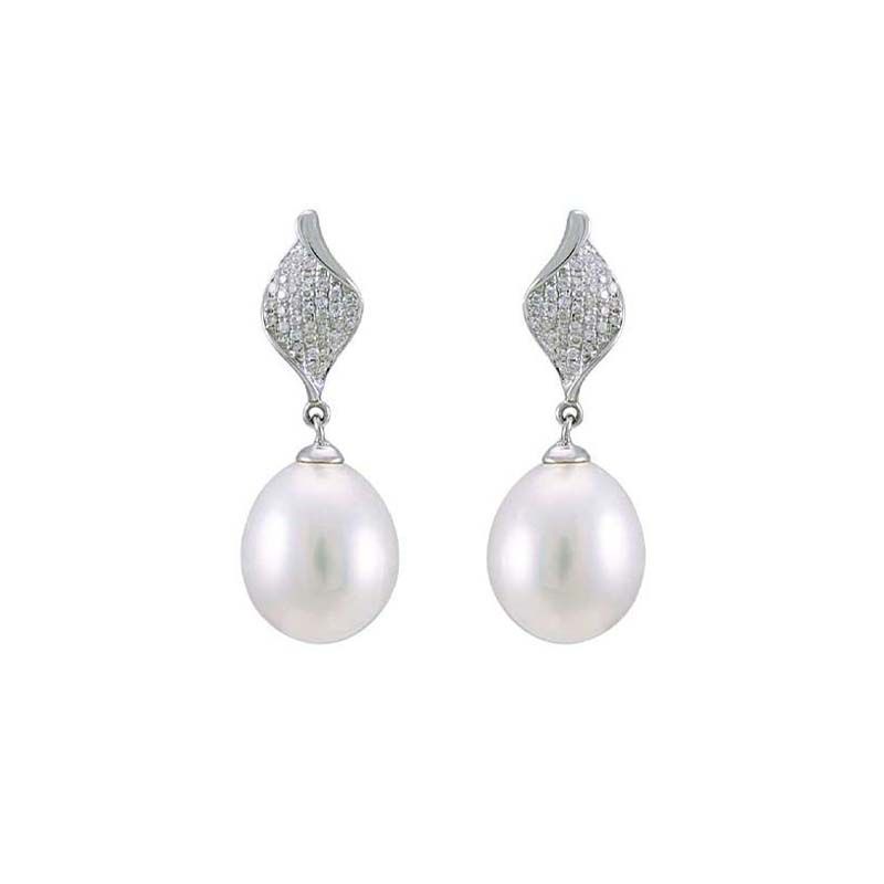 Freshwater Pearl & Diamond Contemporary Twisted Leaf Design Earrings  |  18ct White Gold