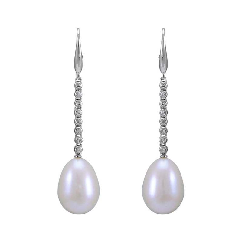 Freshwater Pearl & Diamond Collet Line Drop Hook Wire Earring  |  18ct White Gold