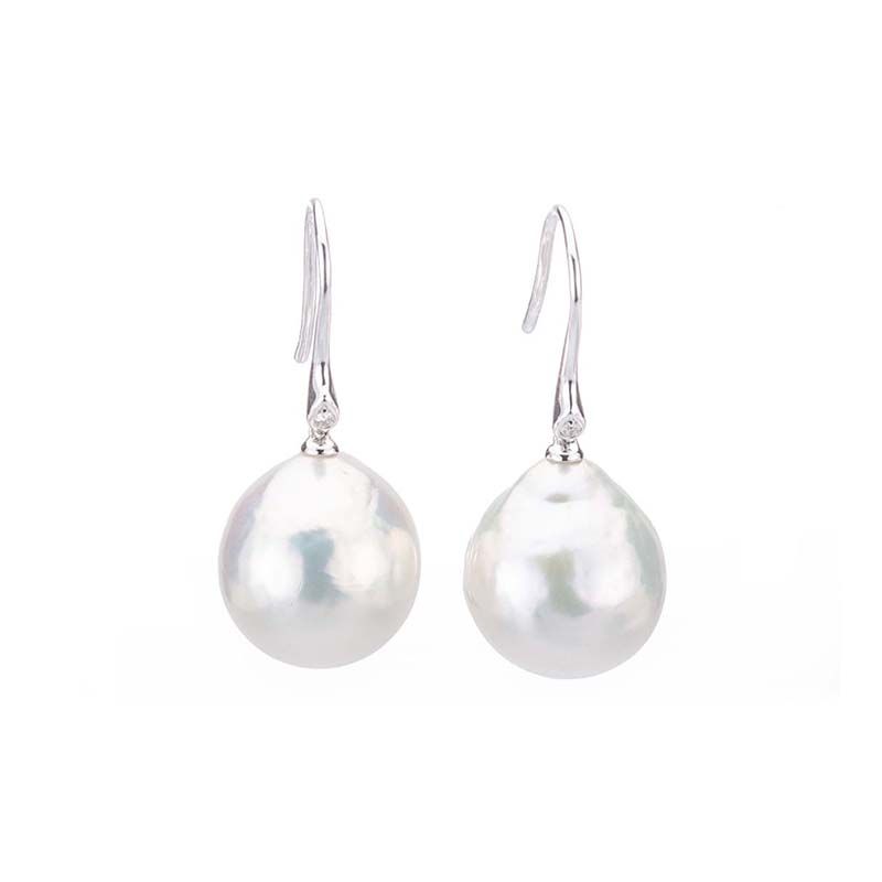 Baroque Freshwater Drop Pearl & Diamond Hook Earrings  |  18ct White Gold