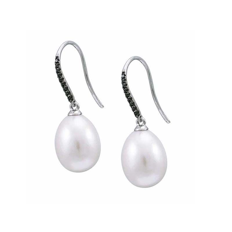 Freshwater Pearl & Black Diamond Hook Drop Earrings  |  18ct White Gold