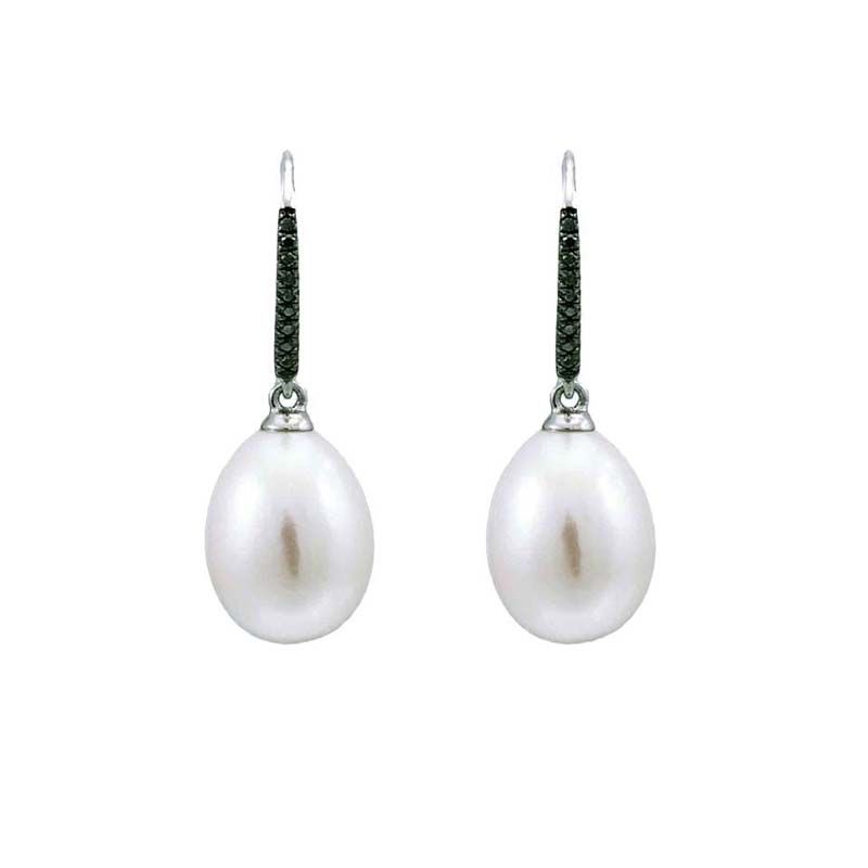 Freshwater Pearl & Black Diamond Hook Drop Earrings  |  18ct White Gold