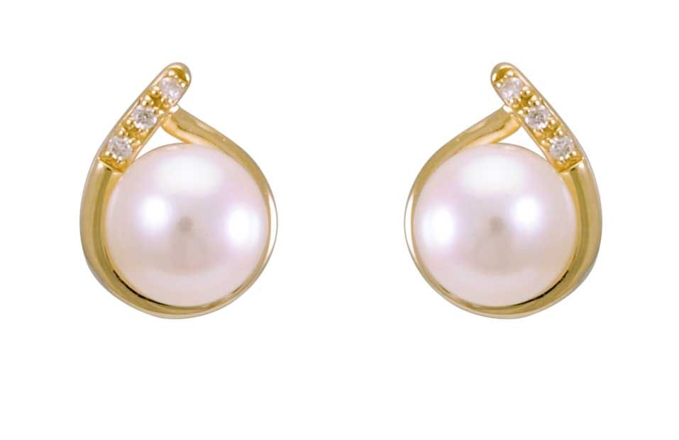 Freshwater Pearl & Diamond Crossover Dainty Stud Earrings | 9 ct Yellow Gold