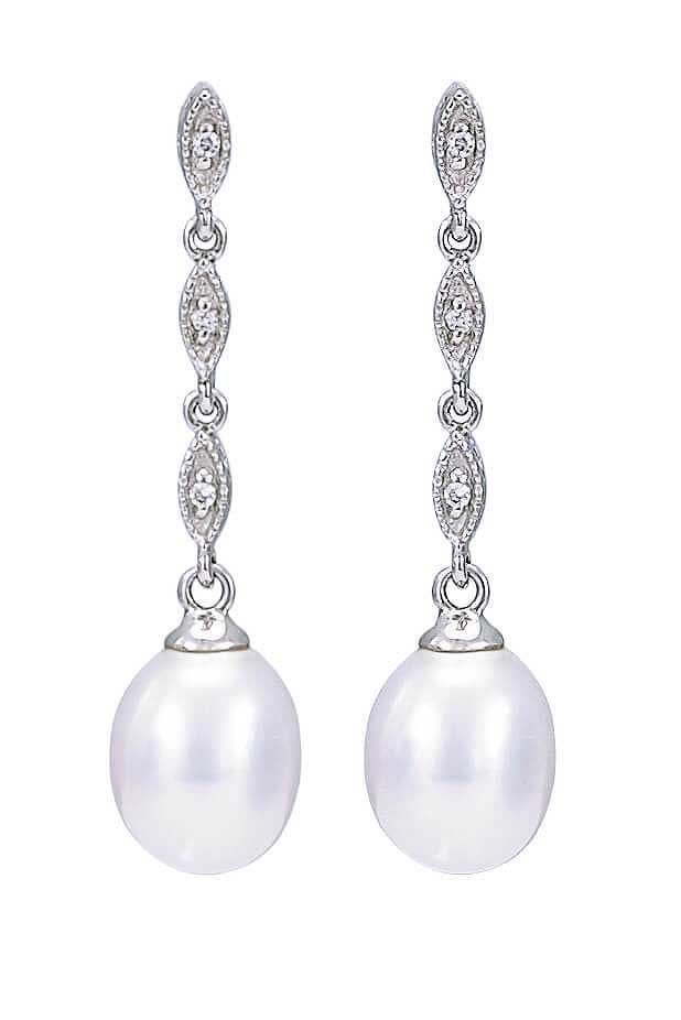 Freshwater Pearl & Diamond Navette Drop Earrings  |  9ct White Gold