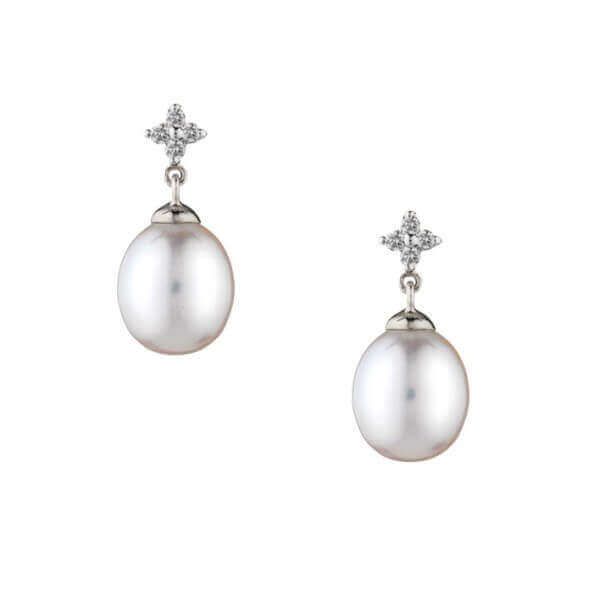 Diamond & Freshwater Cultured Pearl Drop Earrings  |  9ct White Gold