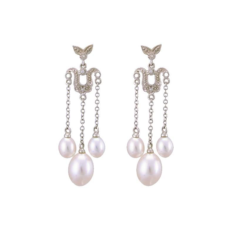 Antique Design Freshwater Pearl and Diamond Triple Drop Earrrings