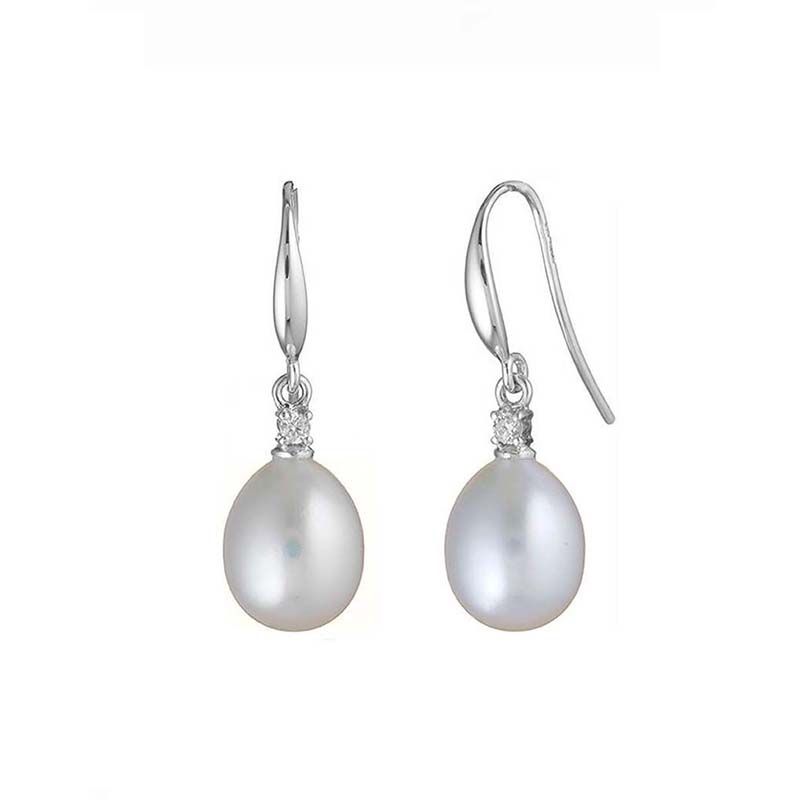 Freshwater Pearl Four Claw Diamond Hook Earrings  |  18ct White Gold 